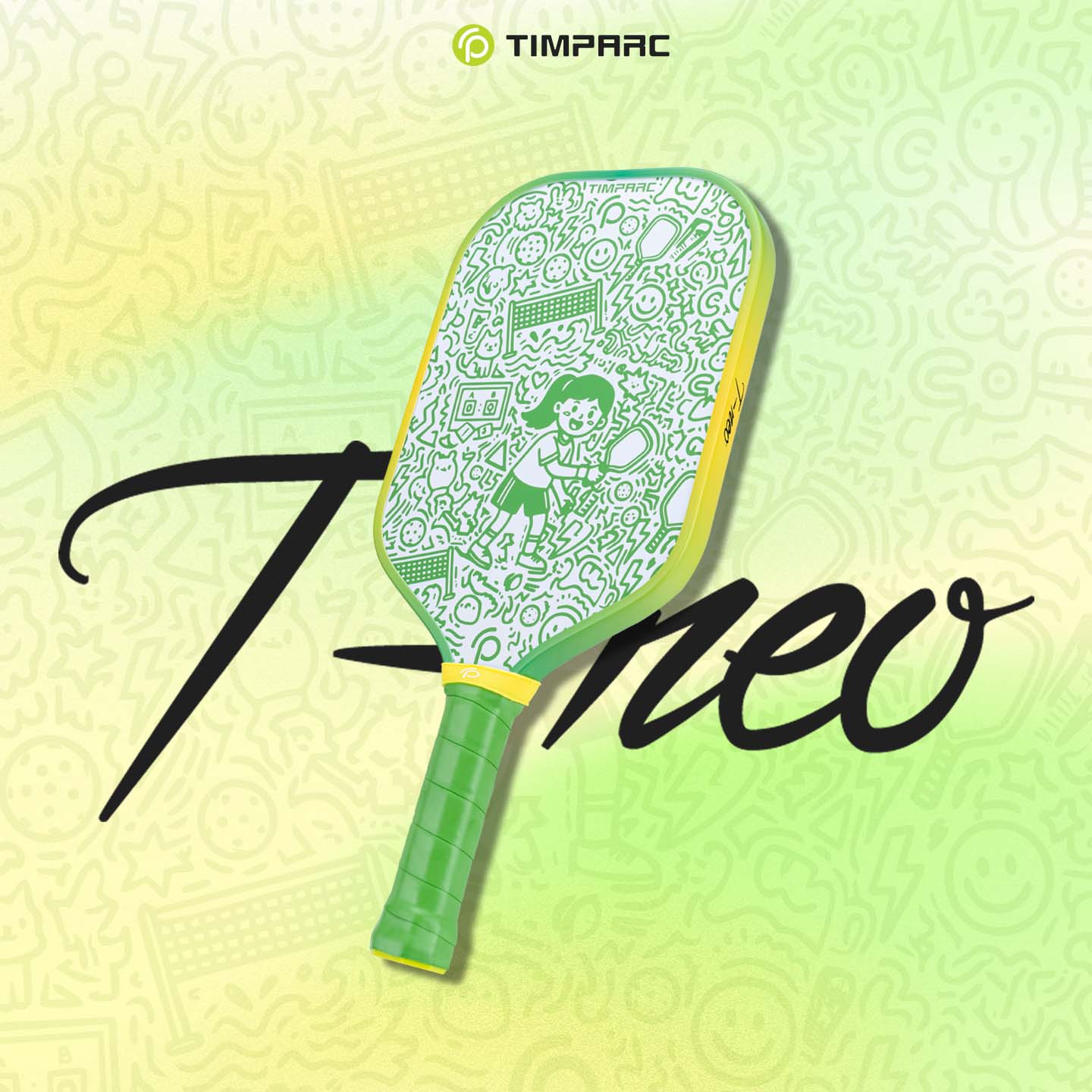 T-NEO Green Doodle 16MM Thermoformed Pickleball Paddle,Youth Fashion Pickleball Racket