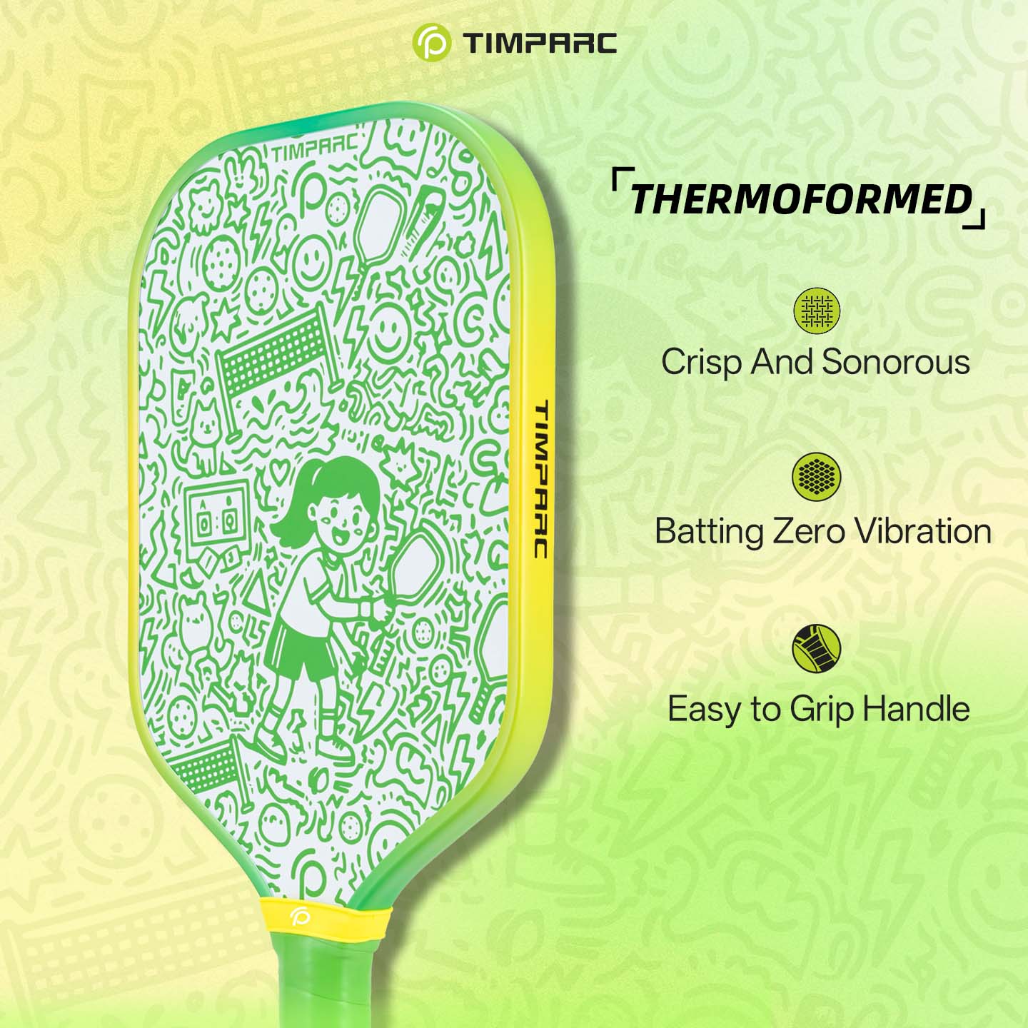 T-NEO Green Doodle 16MM Thermoformed Pickleball Paddle,Youth Fashion Pickleball Racket